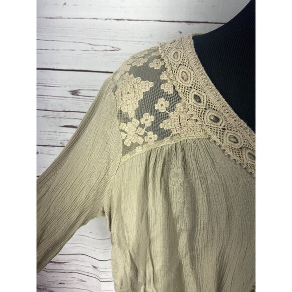 New Direction Tan Boho-Style V-Neck Blouse With Lace Details & 3/4 Sleeves For W - Picture 6 of 8